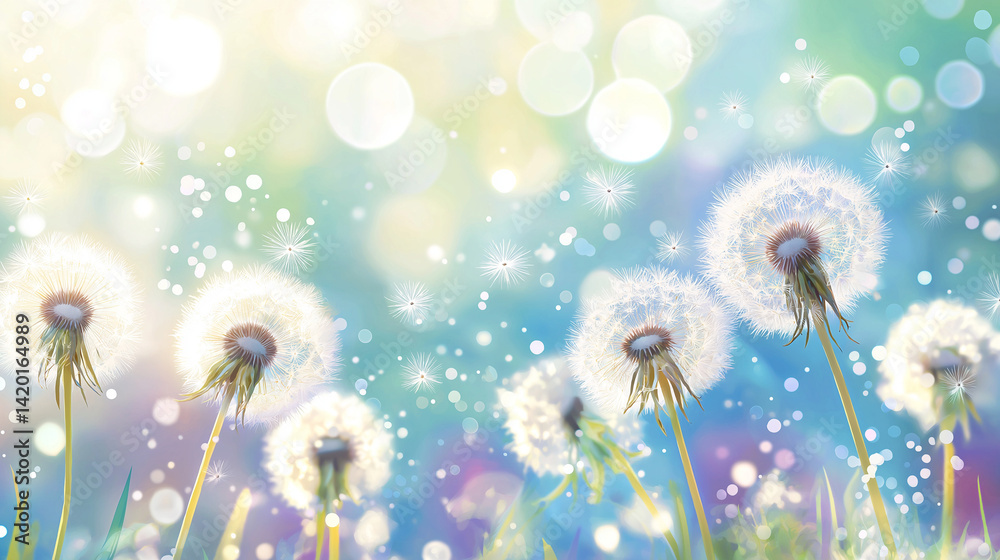 Dandelion seed puffs in a field.