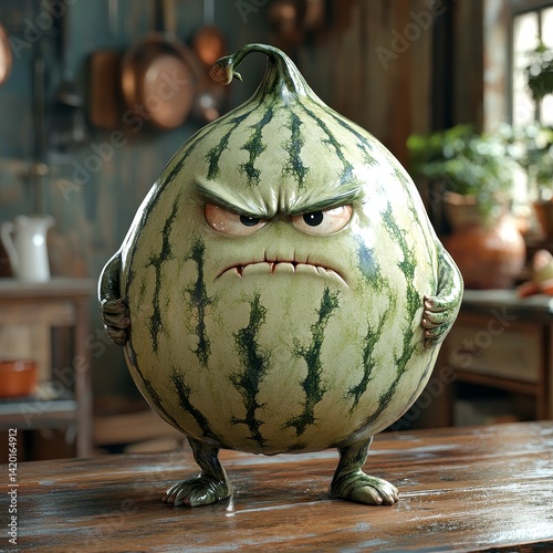 Obraz na płótnie A cartoonish watermelon with a frowning face and a menacing look w salonie
