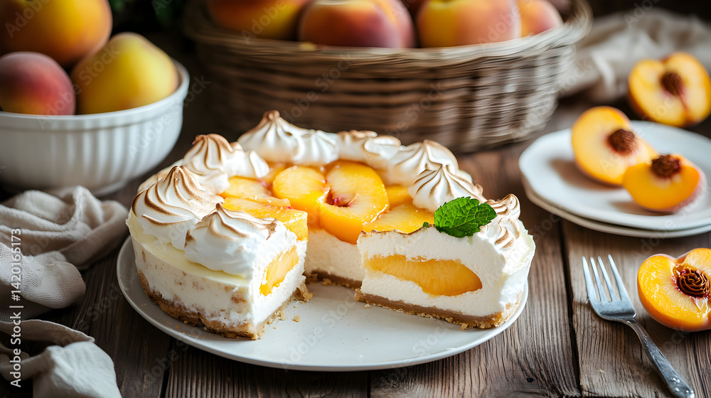 Elegant peach cheesecake, meringue topping. sliced peaches, rustic wooden table, soft lighting, pastel colors, food photography Elegant peach cheesecake, meringue topping. sliced peaches, rustic wooden table, soft lighting, pastel colors, food photography