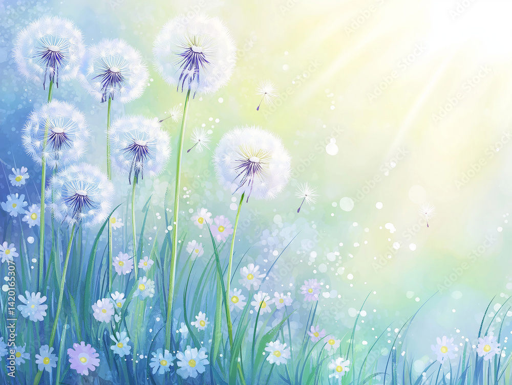 Dandelion seed puffs in a field.