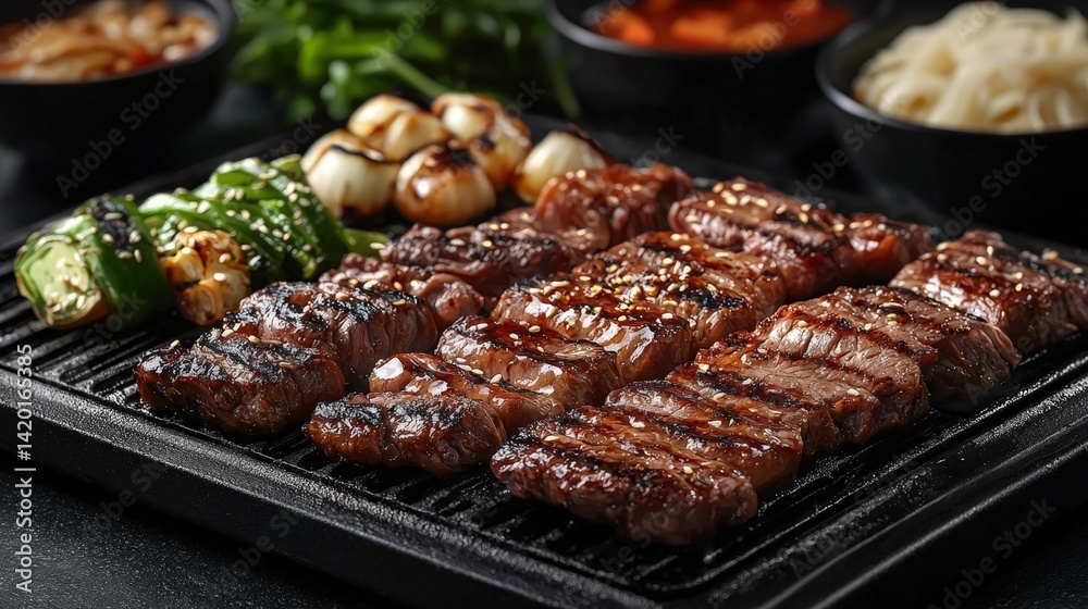 Succulent grilled beef ribs with charred vegetables and dipping sauces on hot grill grill marks delicious barbecue dinner Succulent grilled beef ribs with charred vegetables and dipping sauces on hot grill grill marks delicious barbecue dinner