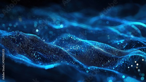 Digital Waves of Light with Glowing Particles in Blue Tones