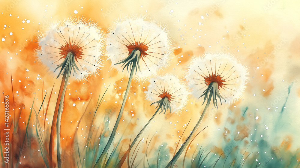 Dandelion seed puffs in a field.