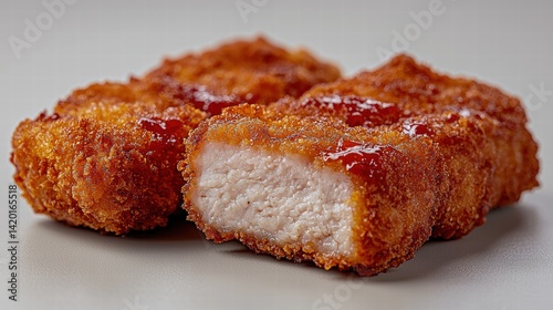 Crispy golden breaded chicken fillet with juicy tender meat and flavorful crispy coating served on a plain background perfect for food presentation and culinary