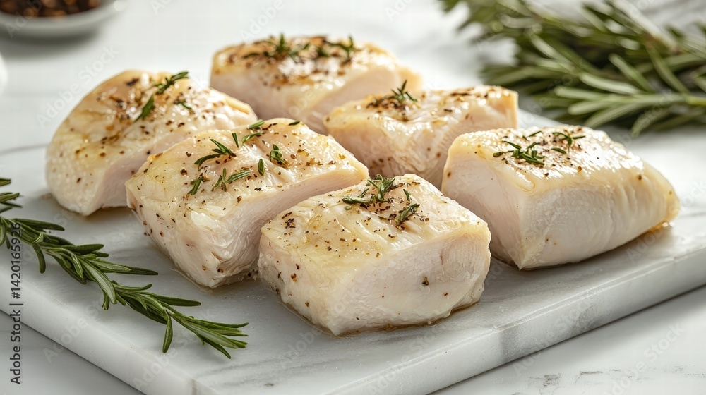 Fresh raw fish fillets seasoned with herbs and spices on a white cutting board with fresh rosemary and green leafy herbs for healthy cooking and seafood preparation Fresh raw fish fillets seasoned with herbs and spices on a white cutting board with fresh rosemary and green leafy herbs for healthy cooking and seafood preparation