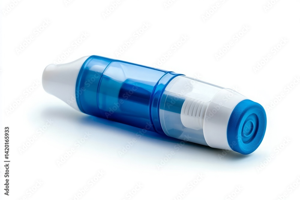 Blue and White Metered Dose Inhaler Medical Device Close-Up Blue and White Metered Dose Inhaler Medical Device Close-Up