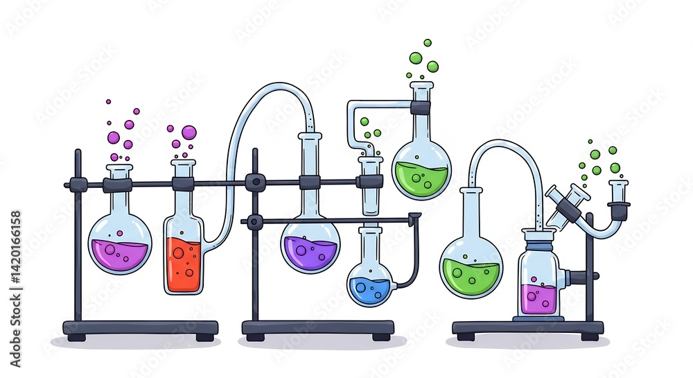 Colorful chemistry experiment illustration flasks and beakers in a science lab Colorful chemistry experiment illustration flasks and beakers in a science lab
