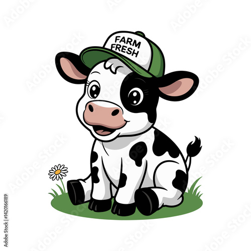 Farm Fresh Calf: a cartoon calf that radiates freshness and innocence. The calf sits contentedly, wearing a cap. Capturing a moment of pure joy. 