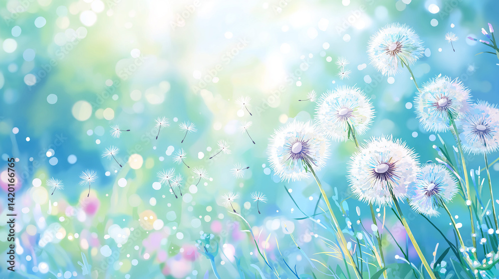 Dandelion seed puffs in a field.