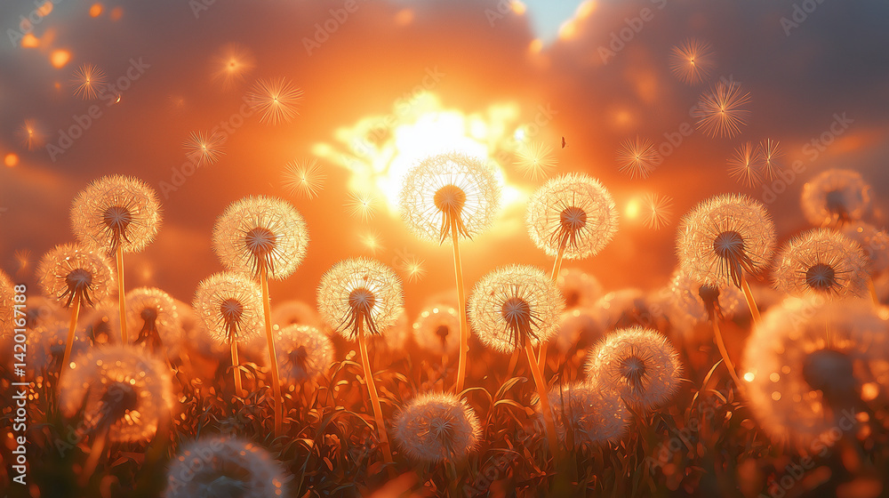 Dandelion seed puffs in a field at sunset.