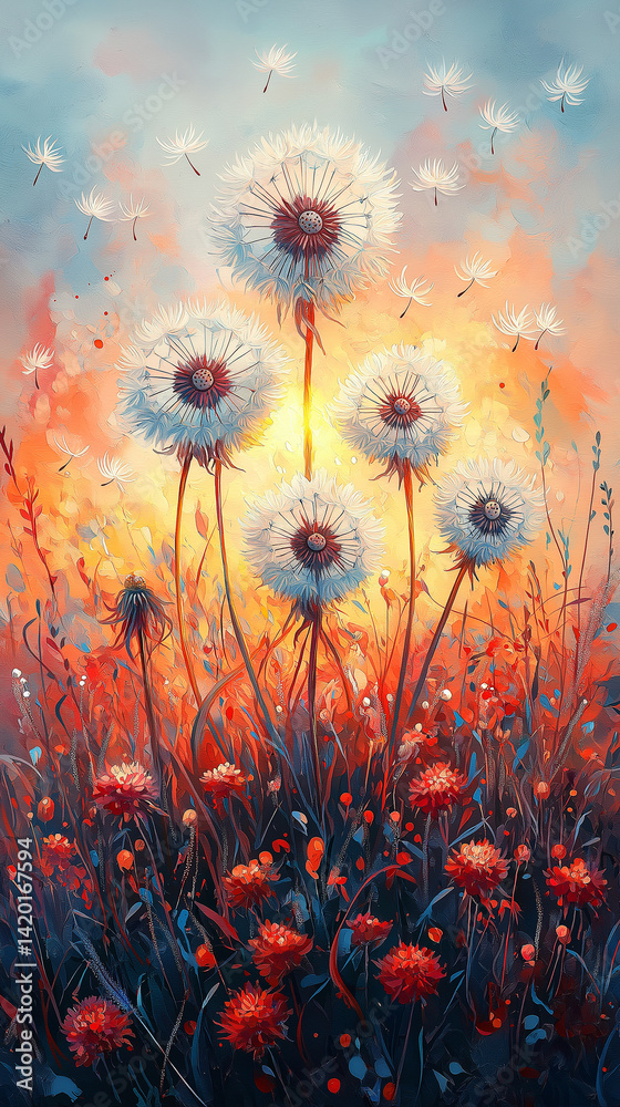 Dandelion seed puffs in a field at sunset.