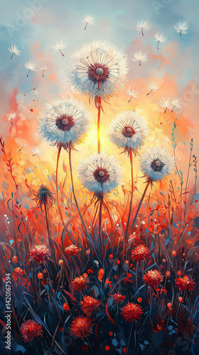 Obraz na płótnie Dandelion seed puffs in a field at sunset. w salonie