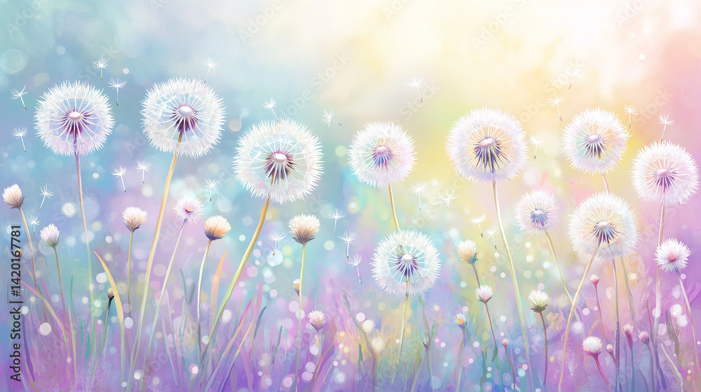 Fototapeta premium Dandelion seed puffs in a field. 