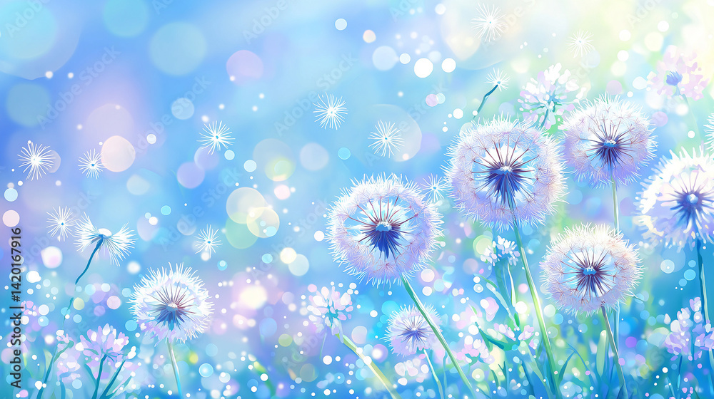 Dandelion seed puffs in a field.