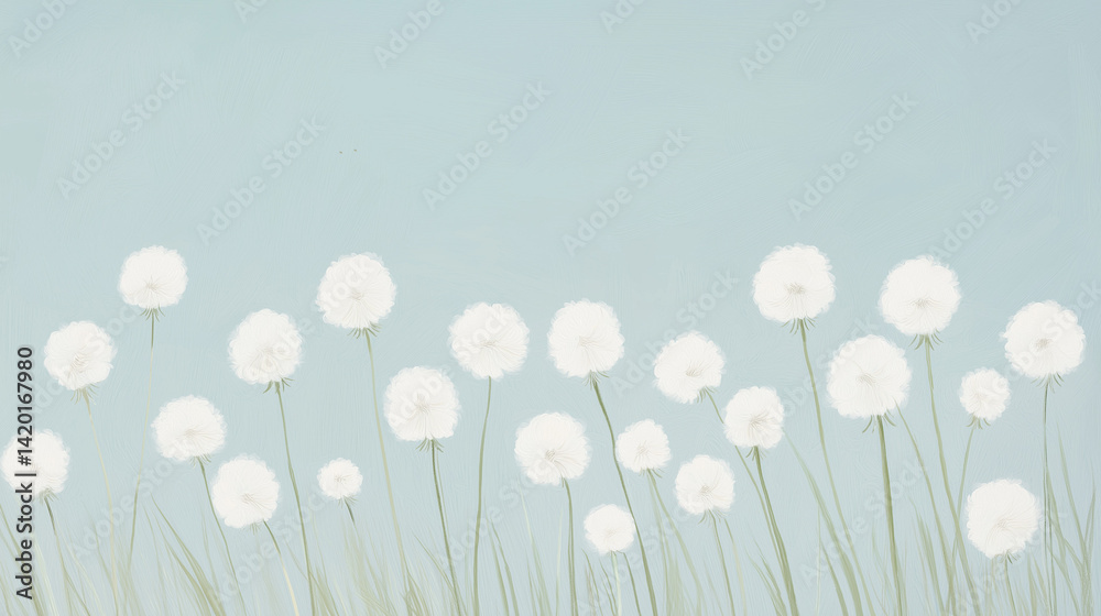 Dandelion seed puffs in a field.