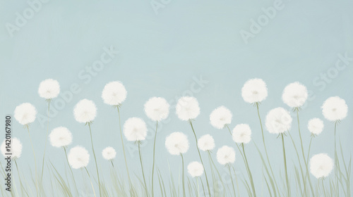 Dandelion seed puffs in a field. 
