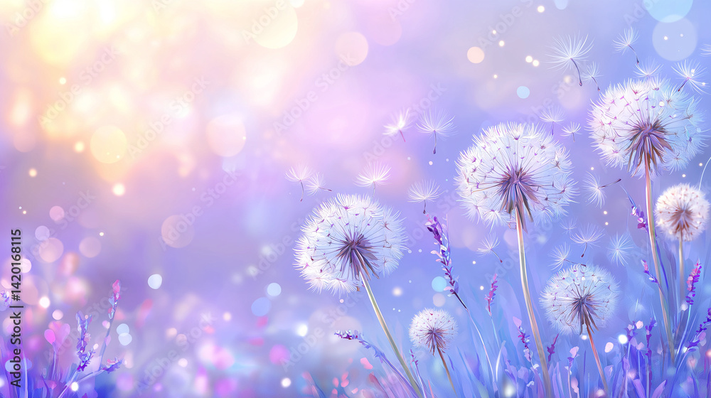 Dandelion seed puffs in a field.