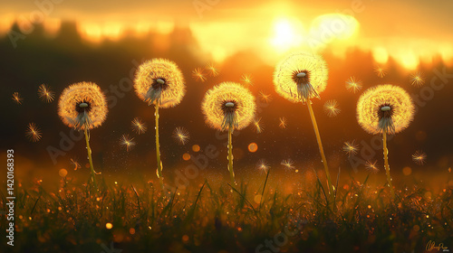 Dandelion seed puffs in a field at sunset. 