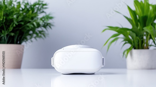 White VR headset on a white table, surrounded by potted plants