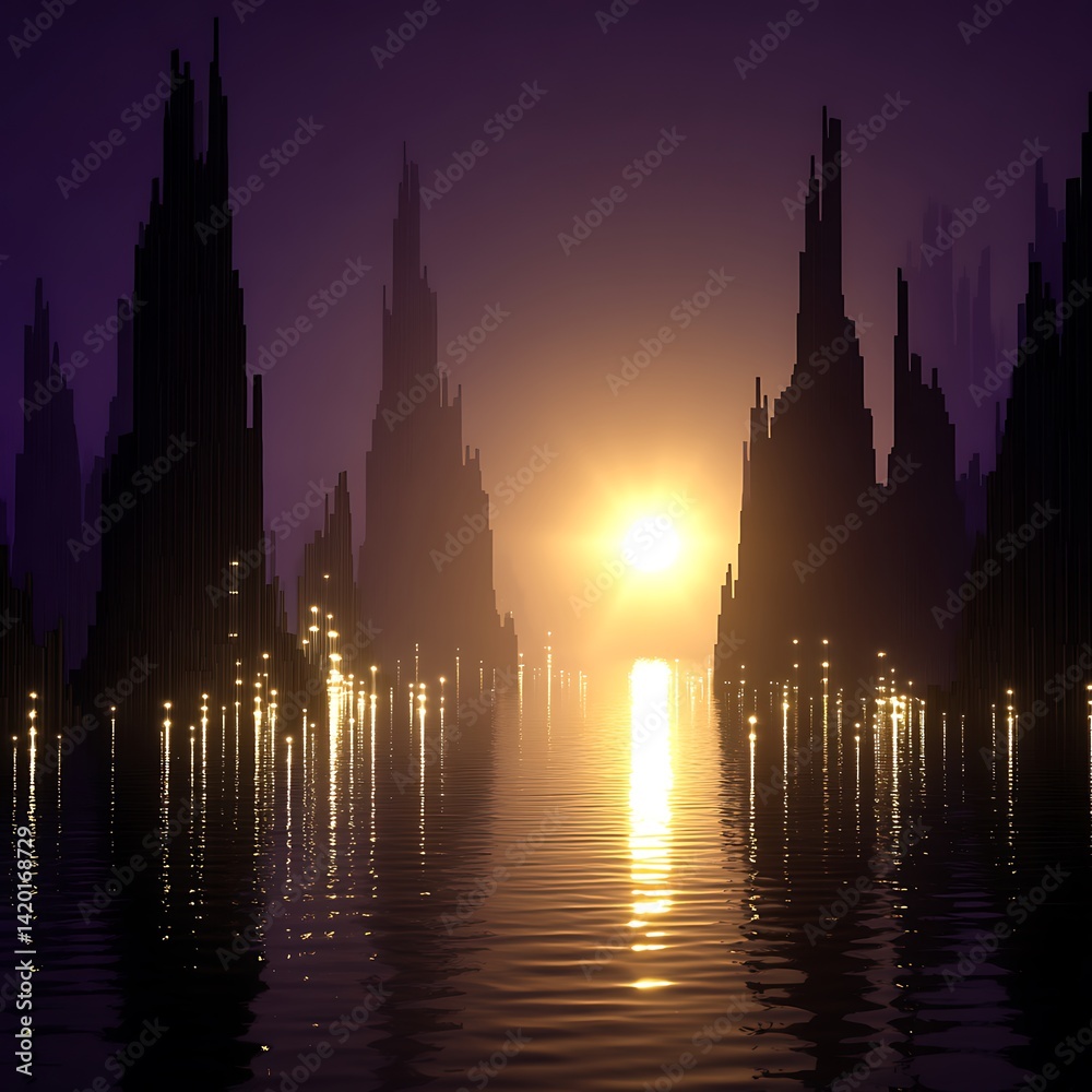 Obraz premium Golden Sun Setting over a Futuristic City Skyline Silhouette Emerging from the Water Landscape
