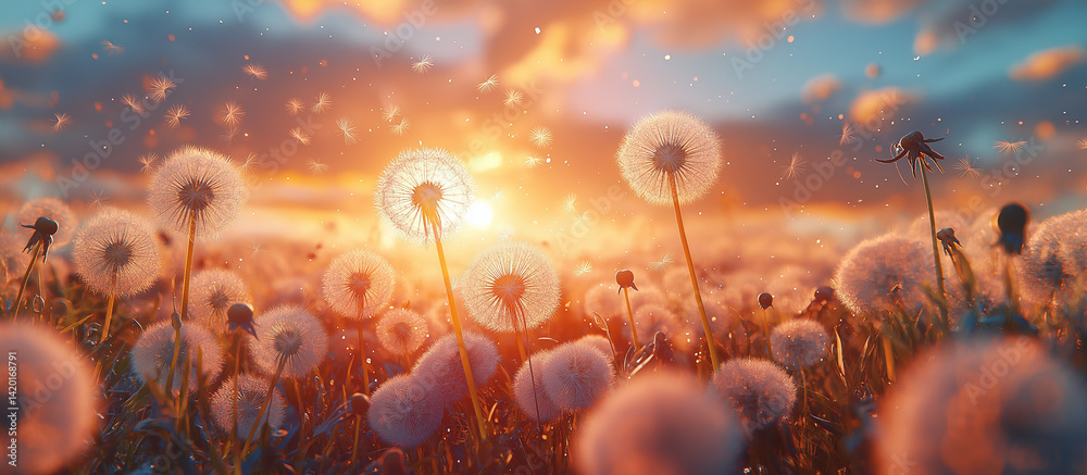 Dandelion seed puffs in a field at sunset.