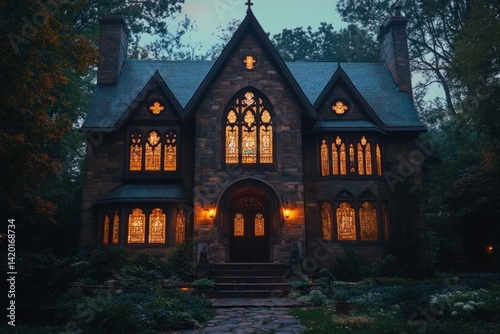 Captivating gothic-style house stands majestically at twilight, its stained glass windows glowing warmly against the dusky backdrop