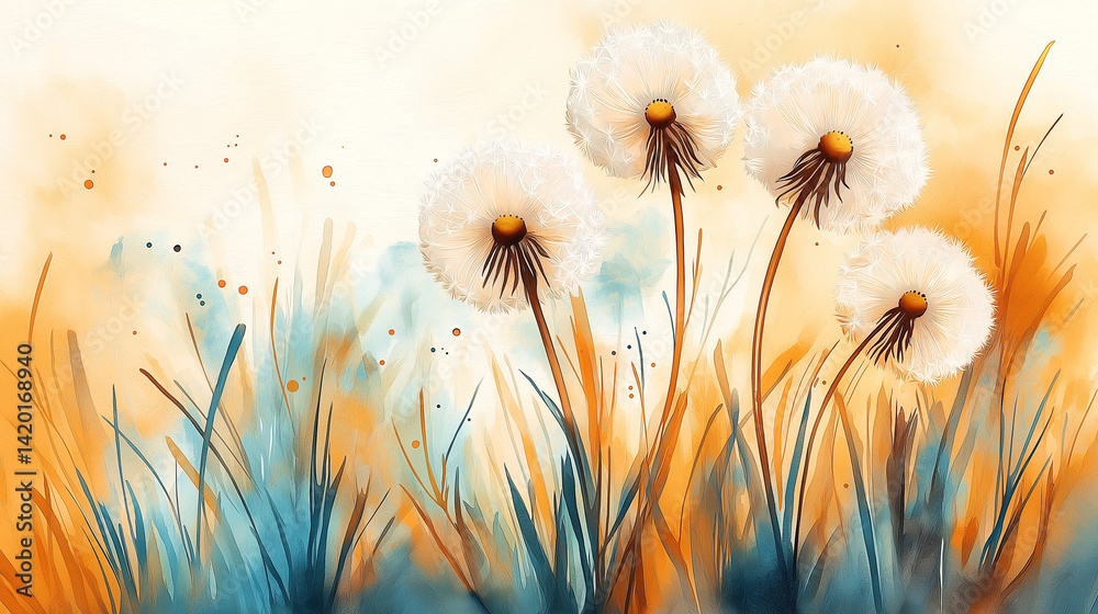 Dandelion seed puffs in a field.