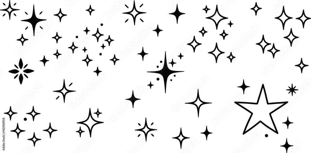 Obraz premium Twinkle star vector glitter bright magic light icon. Star twinkle glitter spark outline shine icon set. Hand drawn sketch doodle style. 