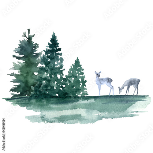 vector illustration of a deer eating grass in the forest
