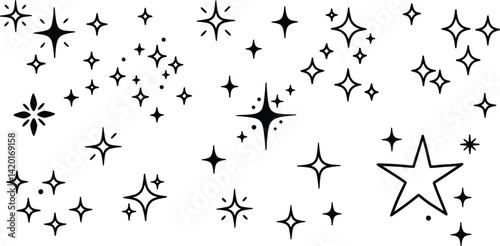 Twinkle star vector glitter bright magic light icon. Star twinkle glitter spark outline shine icon set. Hand drawn sketch doodle style. 