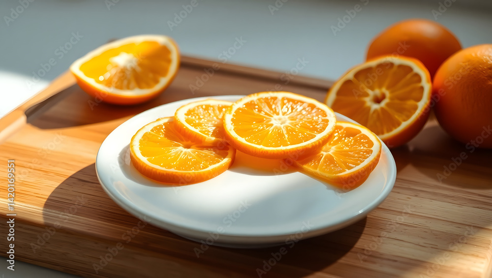 Sunlit Orange Slices on a White Plate Fresh Citrus Fruit Photography Sunlit Orange Slices on a White Plate Fresh Citrus Fruit Photography