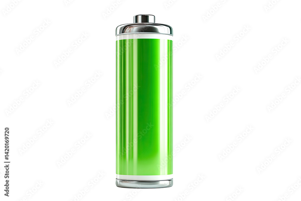 A clean, modern battery icon fully charged, glossy shell with green fill, centered on a A clean, modern battery icon fully charged, glossy shell with green fill, centered on a