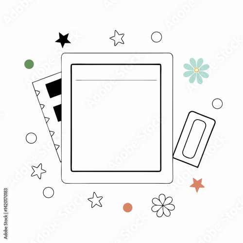 A playful digital planner brimming with whimsical stars, flowers, and simple shapes, ready for joyful scheduling and creative note-taking, outlined in clean black lines against a white background.