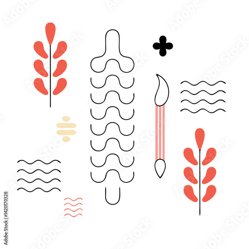 A serene coral and black minimalist art piece featuring stylized floral elements, wavy lines, and a paintbrush, conveying a sense of calm and creativity.
