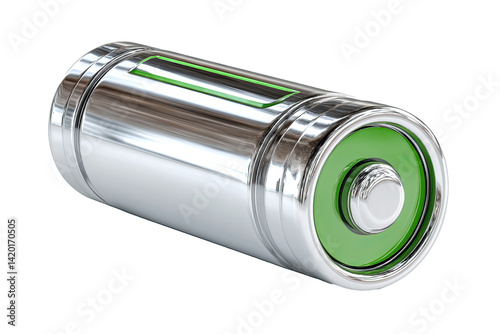 A clean, modern battery icon fully charged, glossy shell with green fill, centered on a 