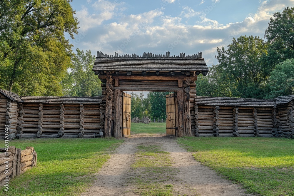 Naklejka premium Open gate of a wooden fort reconstruction under a cloudy sky, inviting exploration of history