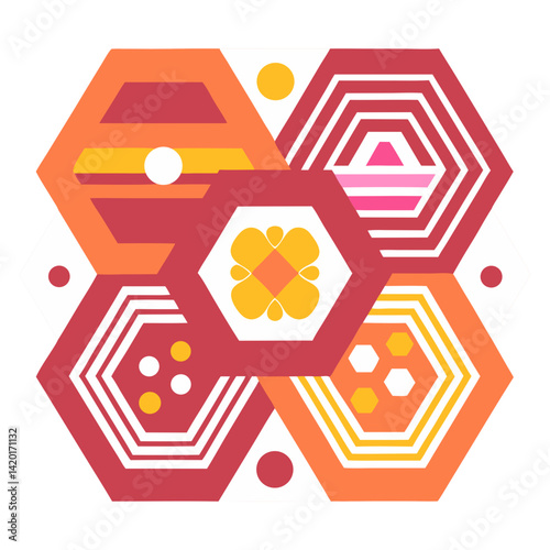 A vibrant tapestry of interlocking hexagons, each a unique geometric flower celebrating unity and diversity in a joyful, retro-inspired design with bold colors and clean lines.