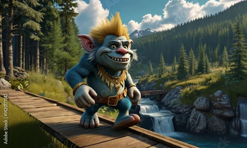 Cartoon troll walking on a wooden bridge outdoors