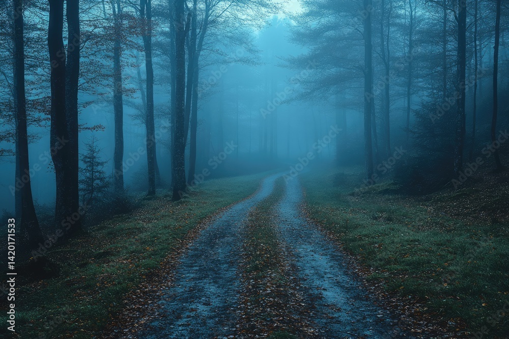 Fototapeta premium Foggy forest path with trees on both sides creating a mysterious atmosphere.