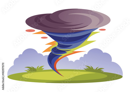 Tornado Touching Down in the Landscape Vector Illustration Violent Storm with Dark Sky and Wind