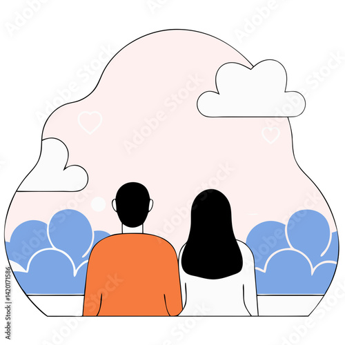 A young couple gazing at a dreamy sunset, sharing a quiet moment of peaceful contemplation under a soft pink sky with delicate cloud shapes.
