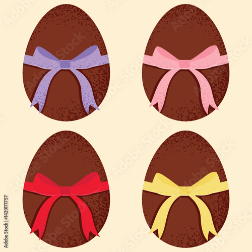 Chocolate Easter eggs with bow isolated on light yellow background. Vector illustration.	
