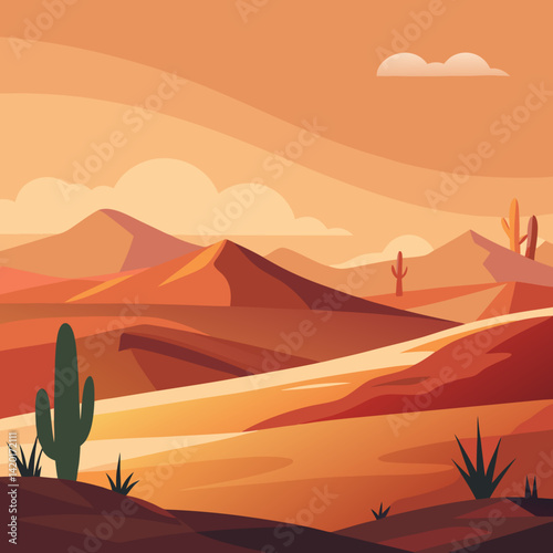 Serene desert sunset with majestic sand dunes and cacti silhouettes, warm orange hues and minimalist style.