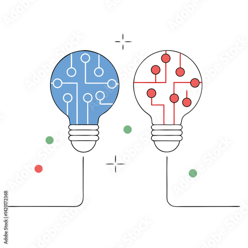 Two interconnected lightbulbs, one blue and one red, symbolizing the fusion of ideas and innovation, a minimalist line art design.