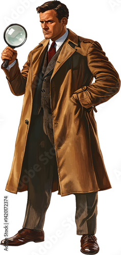 An isolated detective with magnifying glass, vector, png
