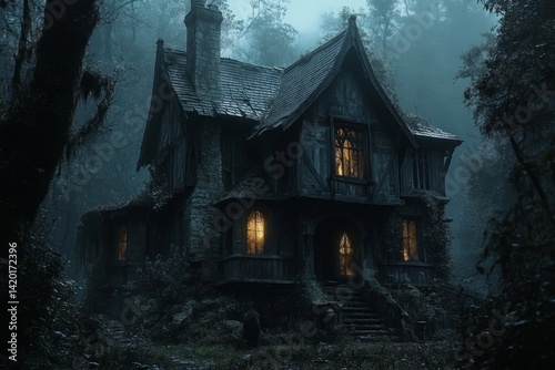 Spooky haunted house with glowing windows in a dark forest at night, creating a mysterious and eerie atmosphere photo