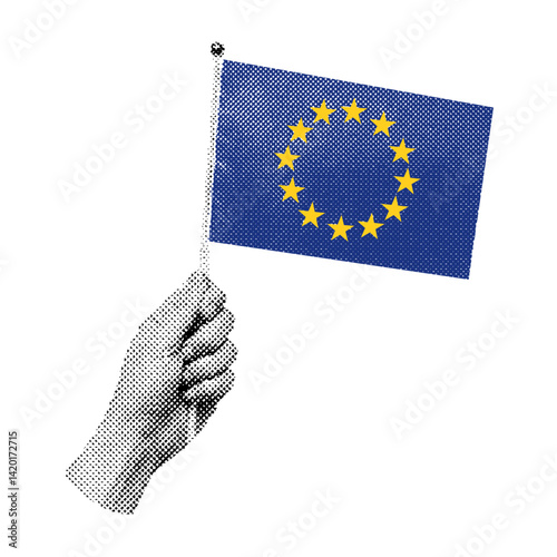 hand holding a European Union flag, retro halftone style, Europe Day illustration