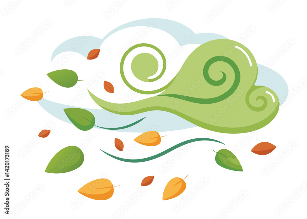 Naklejka premium Windy Sky with Flying Leaves Vector Illustration Autumn Breeze and Scattered Leaves in the Air