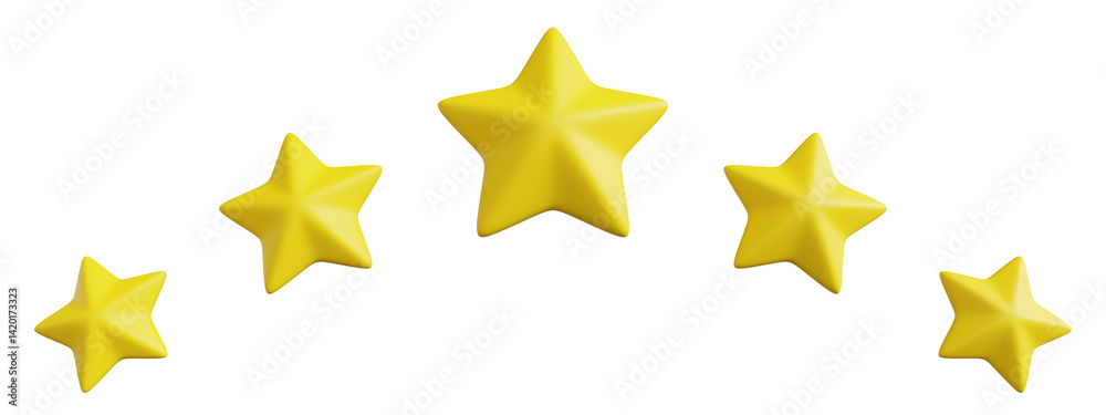 Five star rating. User feedback with five star rating. 5 yellow stars isolated on transparent background. 3d render illustration. Five star rating. User feedback with five star rating. 5 yellow stars isolated on transparent background. 3d render illustration.