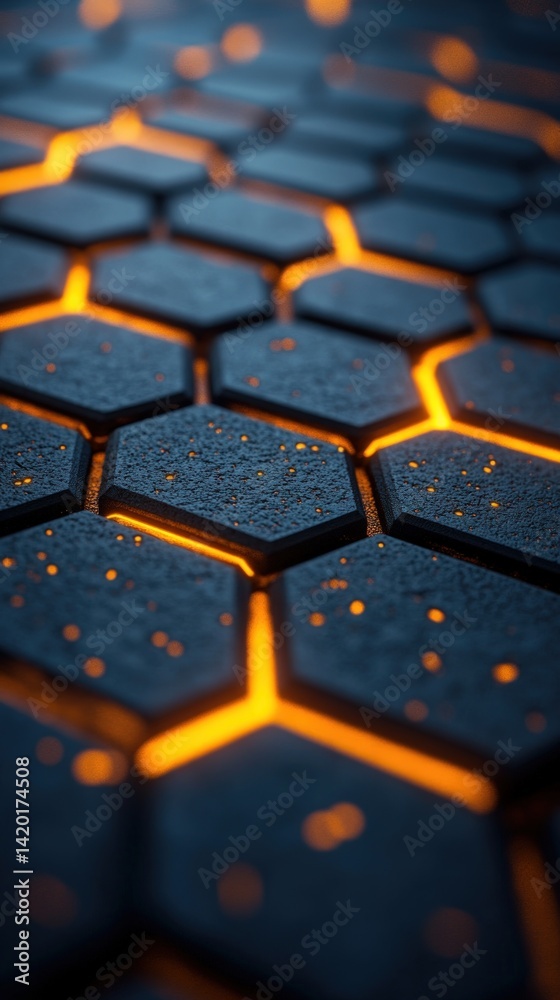 Abstract close-up of hexagonal tiles with glowing orange lines between them. Abstract close-up of hexagonal tiles with glowing orange lines between them.